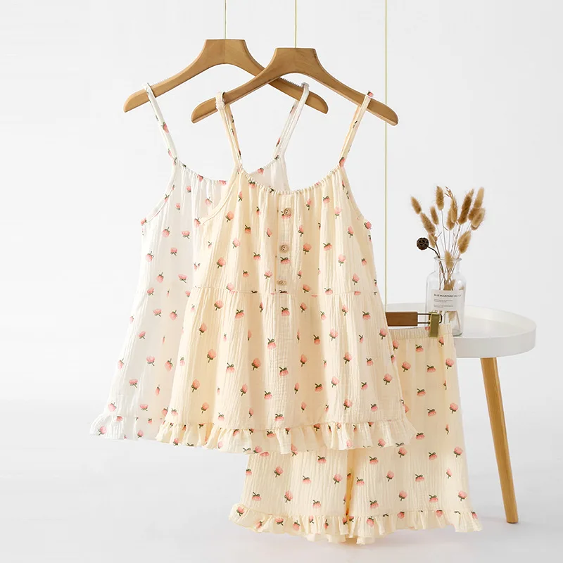 

2023 Summer Nightdress Ladies 100% Cotton Thin Sweat Absorption Vest Suspender Skirt Loose Long Skirt Sweet Printing Nightgowns