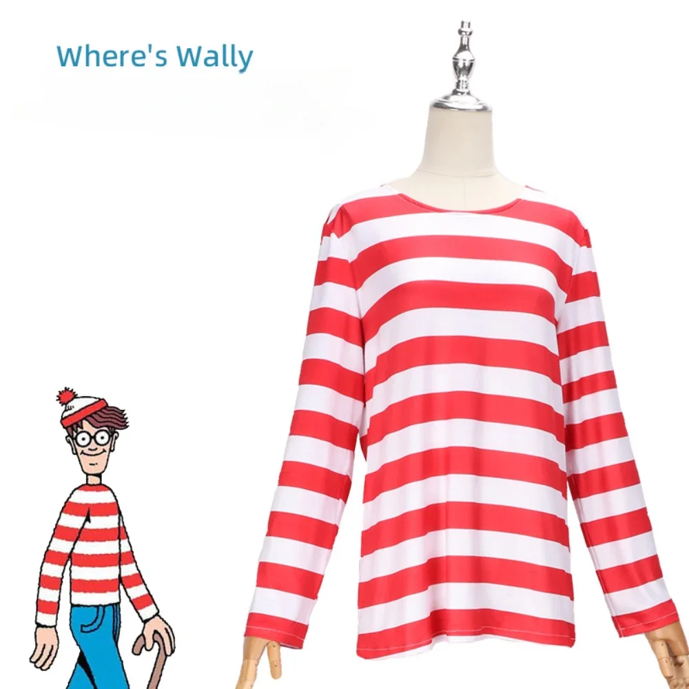 

Anime Cartoon Where Is Wally Cosplay Costume Wally Waldo Book Week Cosplay Outfit Stripe Shirt Hat Glasses Sock Halloween Party
