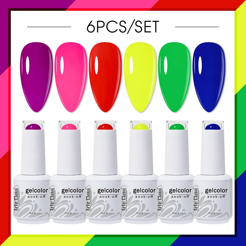 Arte Clavo UV 네일 젤 광택제, 반영구 매니큐어 네온 캔디 네일 아트, 15ml 컬러 바니시 소크 오프 젤, 세트당 6 개