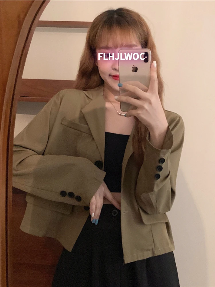 

Женский укороченный пиджак, однотонный черный укороченный пиджак в Корейском стиле с длинным рукавом для офиса, осень-весна 2022