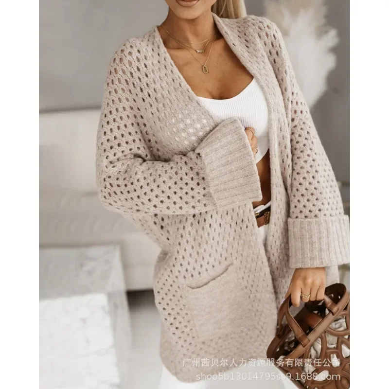

Autumn Women Knitted Cardigan Sweater Top Y2K INS Elegant Fashion Long Sleeve Open Front Hollow Out Pocket Loose Knitwear