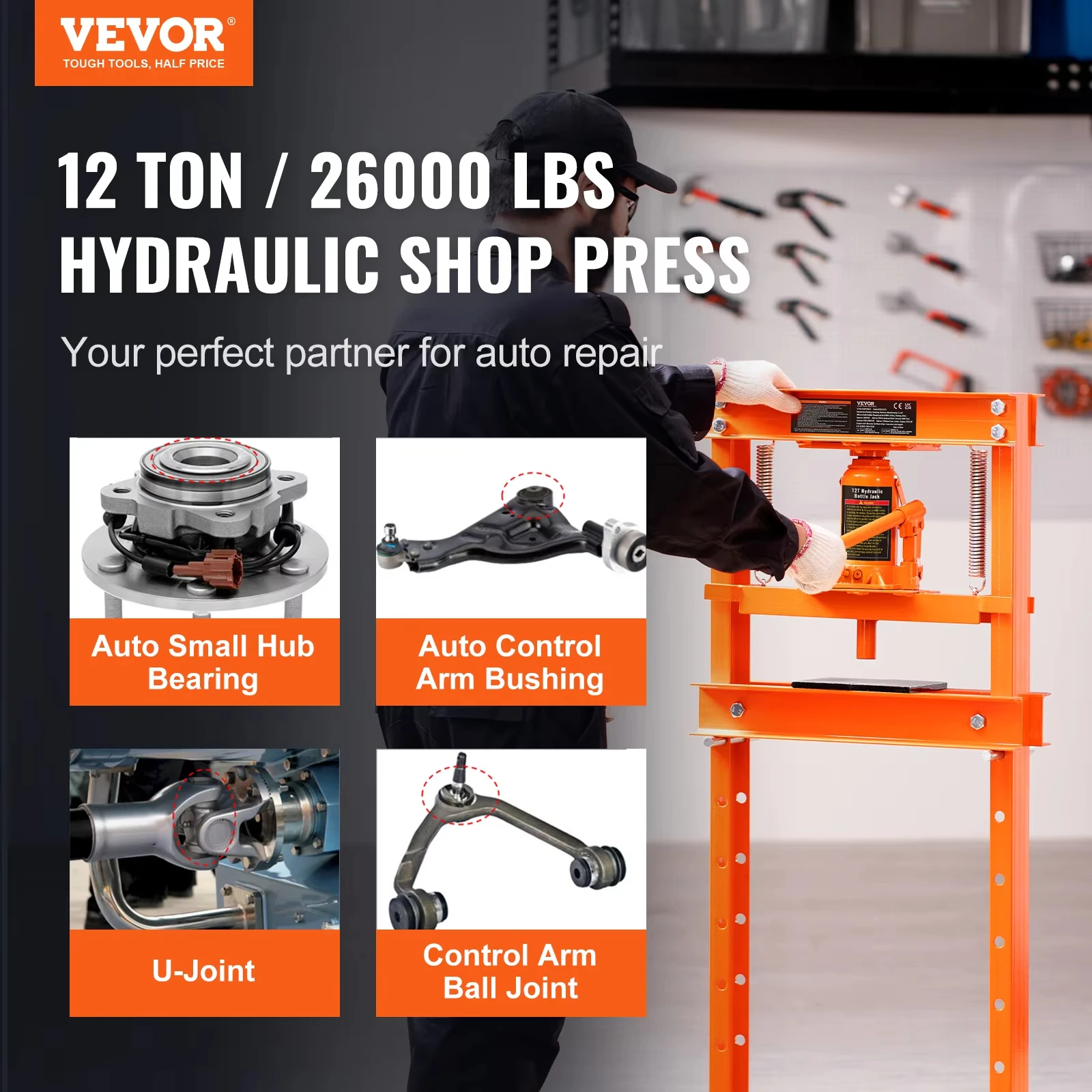 VEVOR 6/12 Ton Hydraulic H-Frame Garage Floor Adjustable Shop Press with Plates 6T/12T Orange for Garages or Professional Shops 2