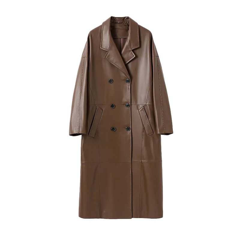 Women Real Sheepskin Leather Coats Double Breasted Straight Long Trench Coat Jackets Solid Loose Streetwear 2022 Winter FG5067 autumn winter women a line skirt coat double breasted slim medium long solid color trench coats female jackets trench coat