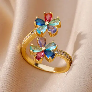 Ring Jewelry Women Colored Zircon Double Flower Stainless Steel Gold Plated Open Wedding