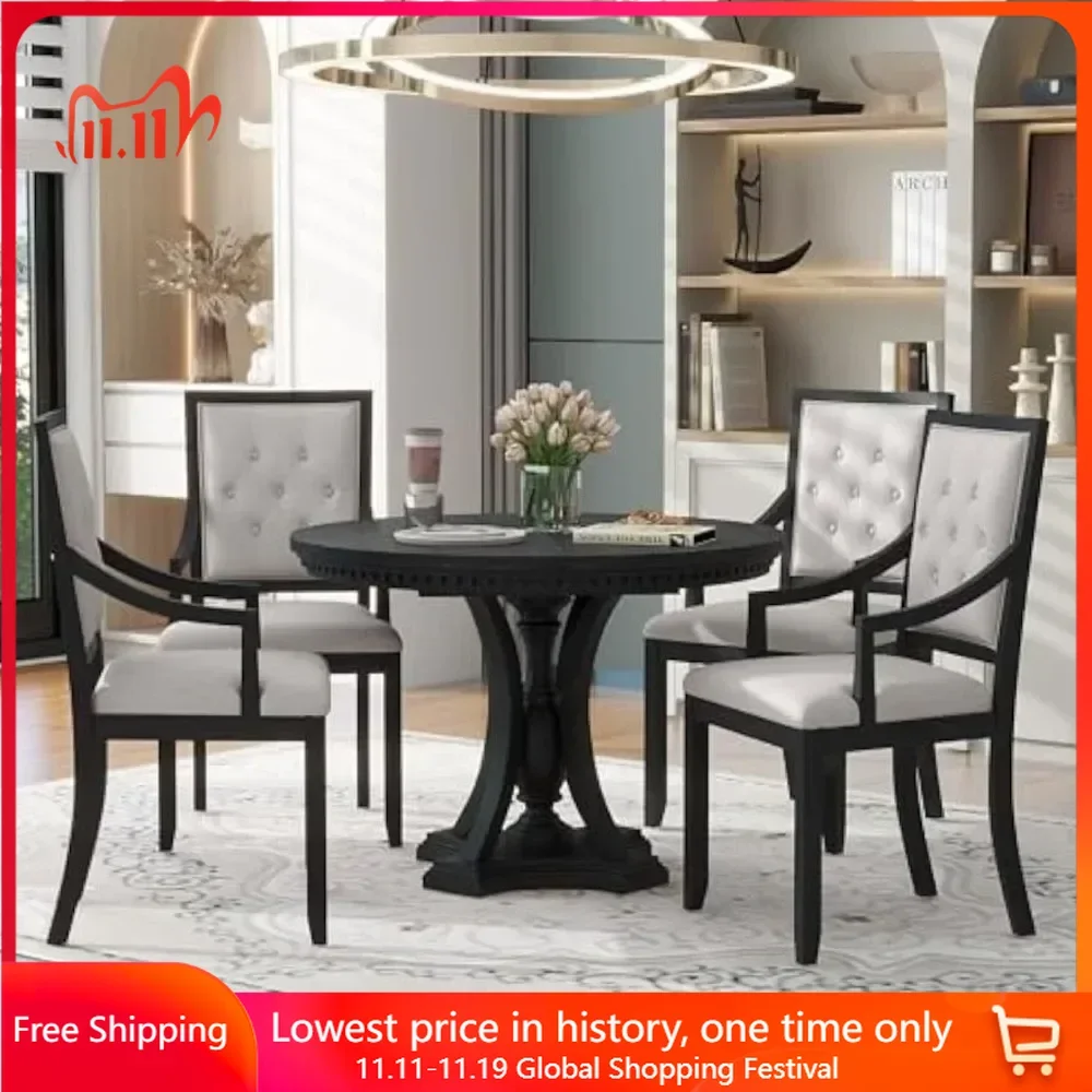5 PCS Dining Table Set, Extendable Freely Adjustable Round Tables, 4 Chairs, Full Assembly Required Easy Clean, Dining Room Sets