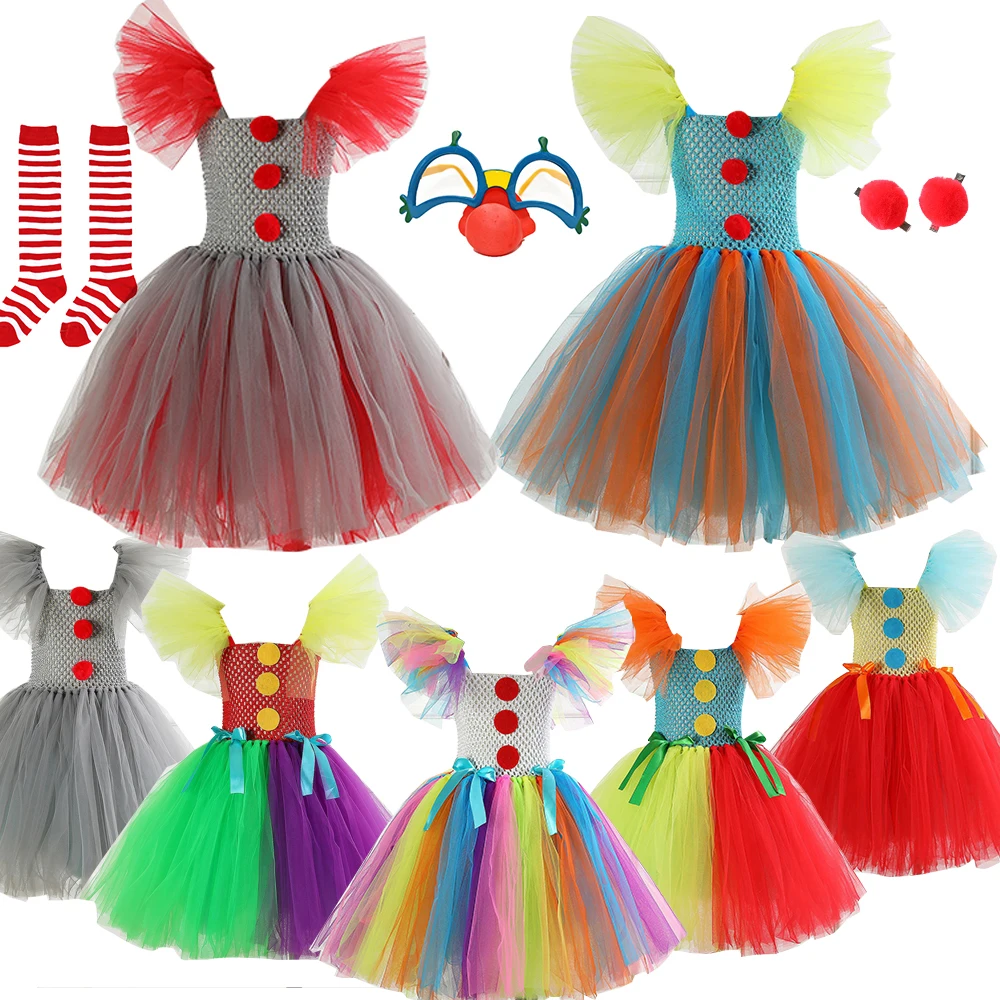 

Halloween Clown Costume Dress For Girl Fancy Carnival Party Princess Tutu Dress Puffy Sleeve Children Outfit Vestido with Socks