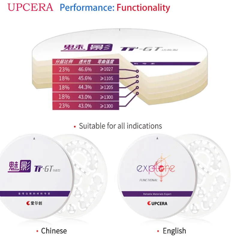 

98mm 1Pcs/Box Upcera TT-GT Explore Functional 4D Multilayer Zirconia Blocks Dental Lab Materia CAD CAM System