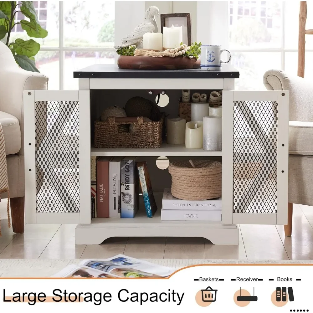 24" Farmhouse End Table - Rustic Wood Sofa Side Table with Charging Station, Mesh Barn Door & Adjustable Storage Shelf 4