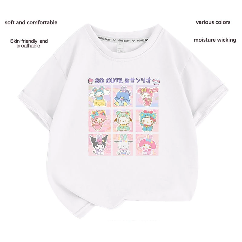 

2023 Sanrio Kawaii Kuromi Cinnamoroll Hello Kitty New Kids Short Sleeve T-Shirt Cute Cartoon Cotton Casual Top Birthday Gift