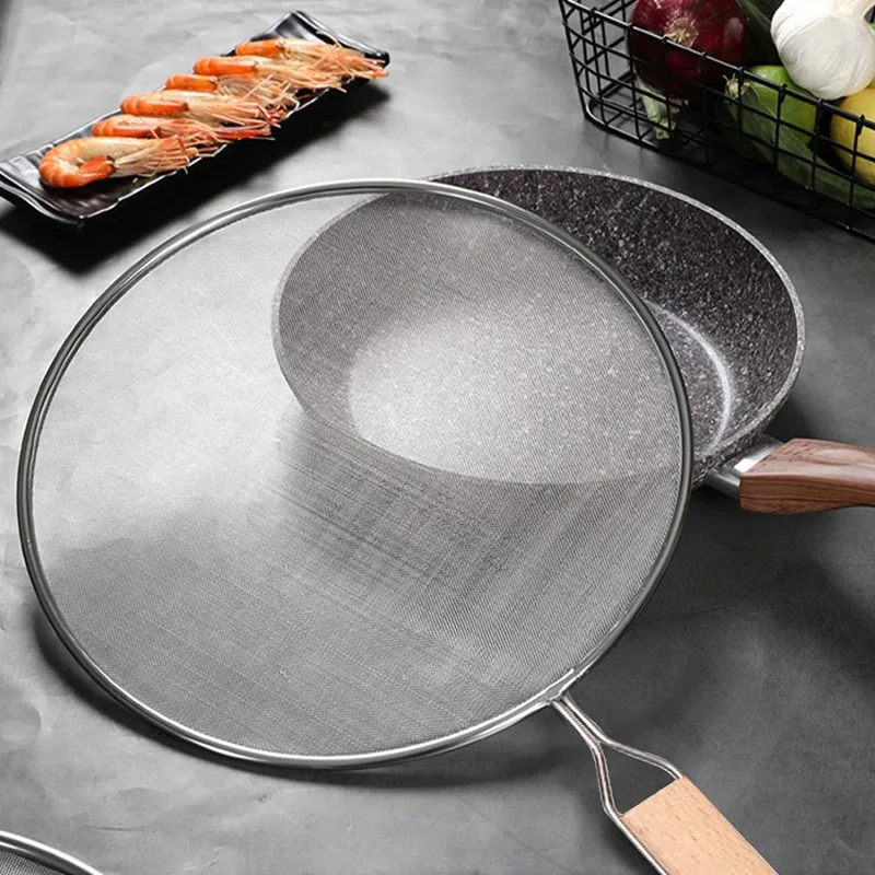 Stainless Splatter Screen Mesh Pot Cover Silver Oil Frying Pan Lid With Wooden Handle Cooking Kitchen Tools Accessories kitchen splatter screen kitchen splash guard
