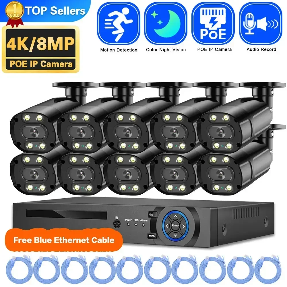 

10CH 8MP POE Surveillance Camera System 4K POE NVR Full Color Night Vision IP Bullet Camera Video security protection cctv Cam