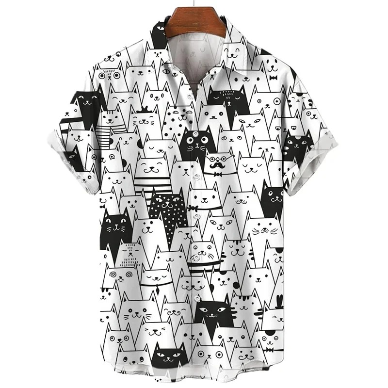 thumbnail image 1 of Camisa con estampado de gato de dibujos animados en 3D para hombre, cómoda, de verano, de manga corta, informal, holgada, de secado rápido, hawaiana, 1 of 4