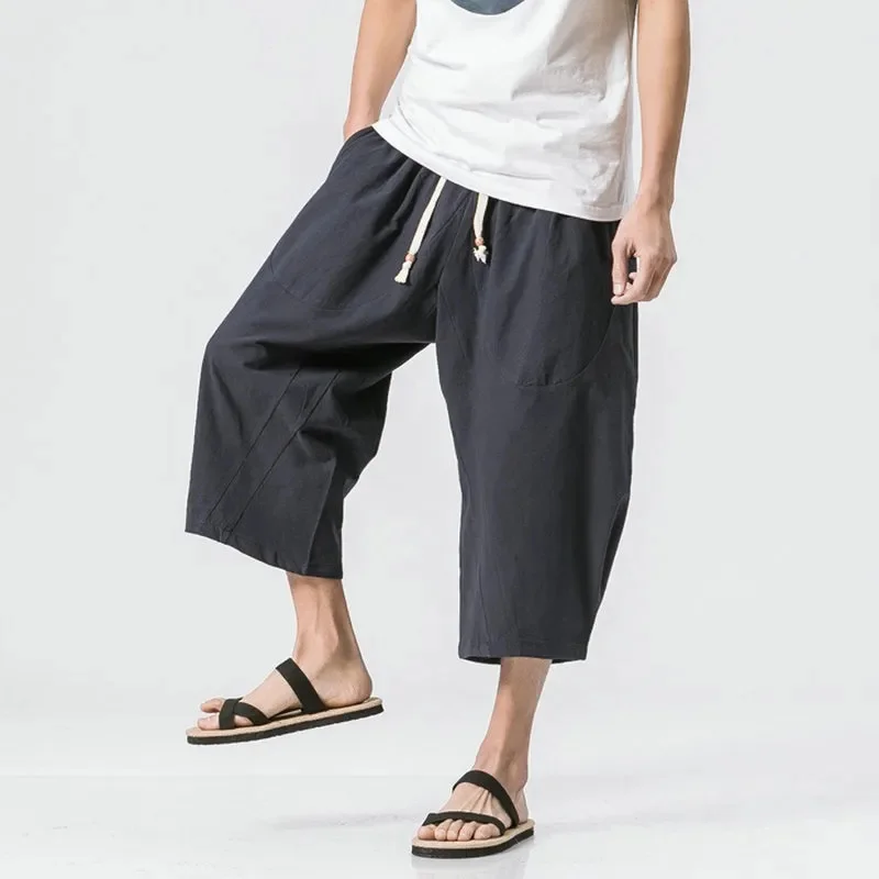 

2023 Man Cotton Linen Wild Leg Pants Casual Loose Calf-Length Bloomers Summer Baggy Male Traditional Trousers