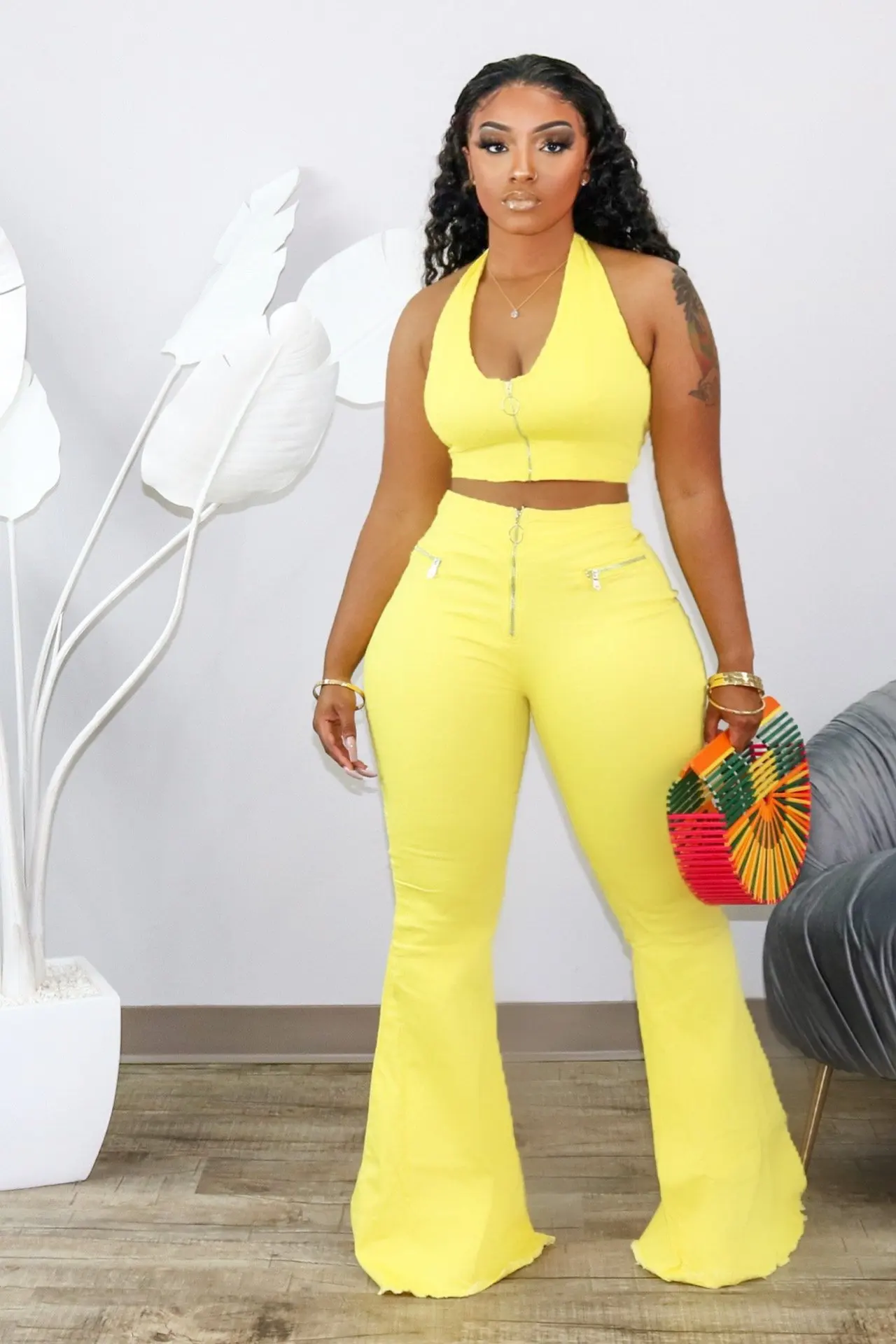 

Summer Women's Casual Suit Halter Sleeveless Vest And Casual Flare Pants Slim Fit For Lady Fashion Two-Piece Set