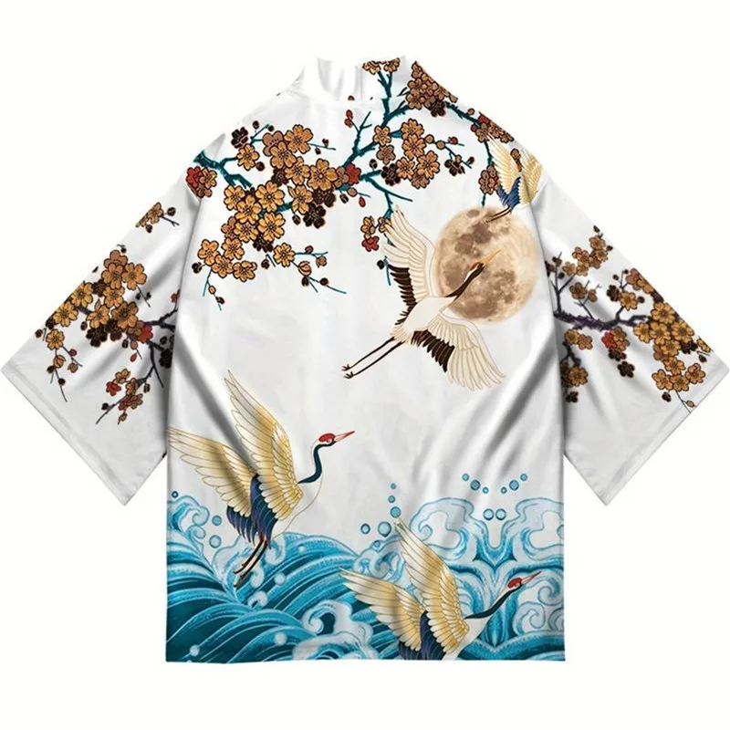 Japanese Kimono Japanese Kimono Cardigan Japanese Kimono Shirt Japanese Kimono Cardigan Yukata Samurai Man Women Crane Print Shirt Beach Haori Harajuku Obi Chinese Style Asian Streetwear 5XL