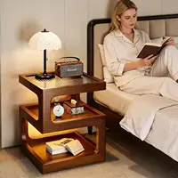 Solid Wood Nightstand with LED Light, Modern 3 Tier Bedside Table with Open Storage, Small Side Table for Bedroom, Customized 6
