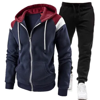 Nuovo autunno e inverno velluto da uomo color block zipper felpa con cappuccio felpa pantaloni sportivi tuta sportiva casual 1