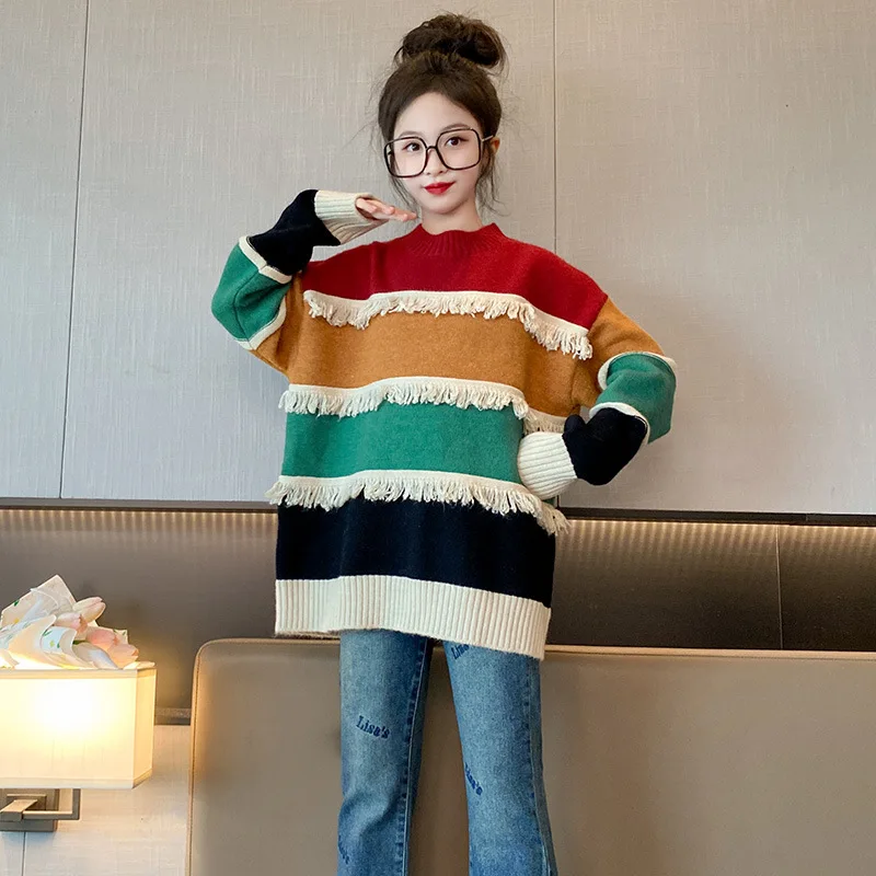 

Teen Kids Korean Sweaters Fashion Rainbow Tassel Pattern Teen Girls Autumn Winter Warm Thick Pullover Knitwear Clothes 5-14Years