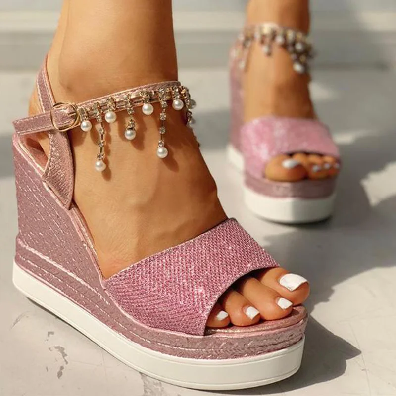 Women Wedge Sandals Summer Bead Studded Platform Sandals Buckle Strap Peep Toe Thick Bottom Casual Shoes