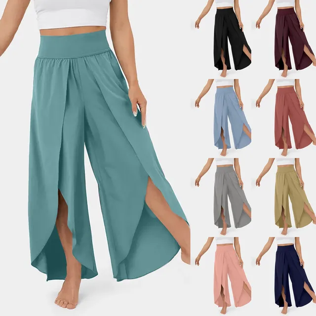 korean Fashion Solid Color Split Split Pants Womens Clothing All-match Summer Casual High Waist Loose Wide Leg Trousers 2