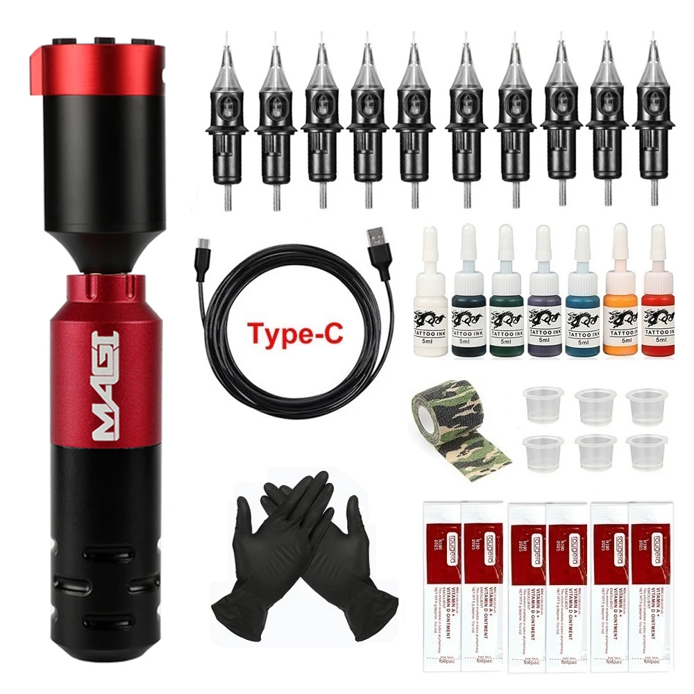 Tattoo Machine Kit Complete Magi Rotary Tattoo Pen Set Wireless Power
