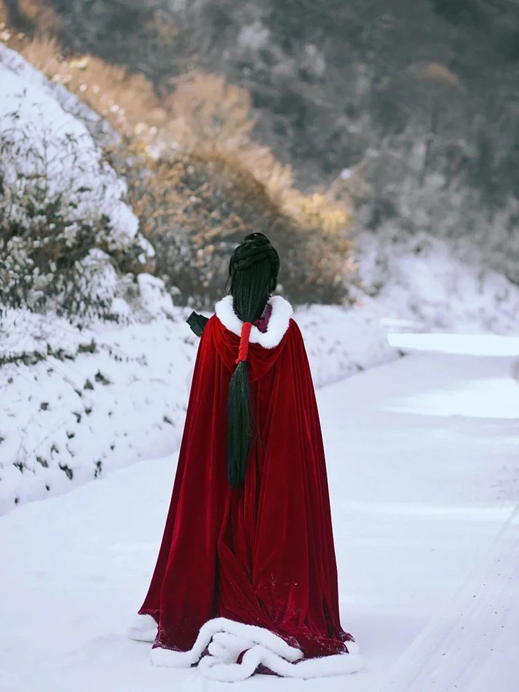 

Red Ancient Style Women's Winter Hooded Fur Collar Costume Shawl Fleece-lined Thickened Bridal Xiuhe Dress Cloak