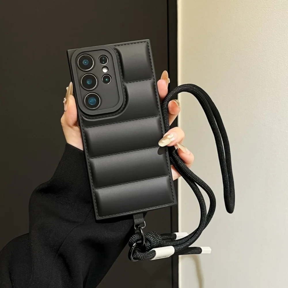 Luxury Down Jacket Crossbody Phone Case with Long Lanyard Strap Cover