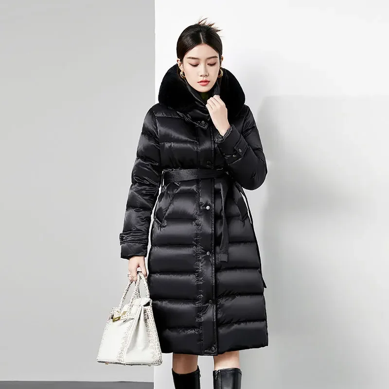 Long down jacket, knee length, fashionable otter rabbit fur collar, 90 white duck down, women's winter coat, women's thickened