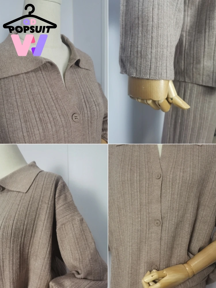 여성용 니트 가디건 바지 세트, 라펠 루즈 스웨터, 와이드 레그 팬츠, 여성 정장, 겨울 의류, 가을, 겨울