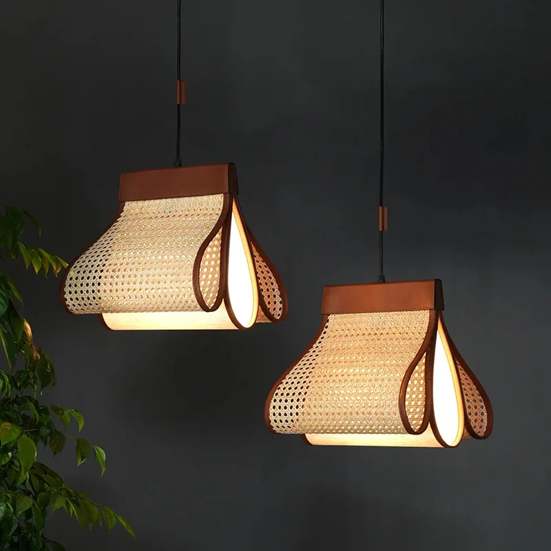 

Nordic Rattan Woven Pendant Light Homestay Bar Counter Leather Chandelier Designer Vintage Decorative Handmade Lighting Fixtures