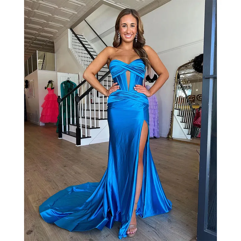 Lake Blue Mermaid Prom Dress Strapless Formal Evening Dresses Elegant Thigh Split Dresses for Special Occasions