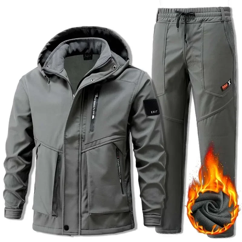 Tactical Jackets Winter Set Men's Military Outdoor Windproof Suit Multi-Pocket Soft Shell Hooded Jackets Sharkskin Work Pants