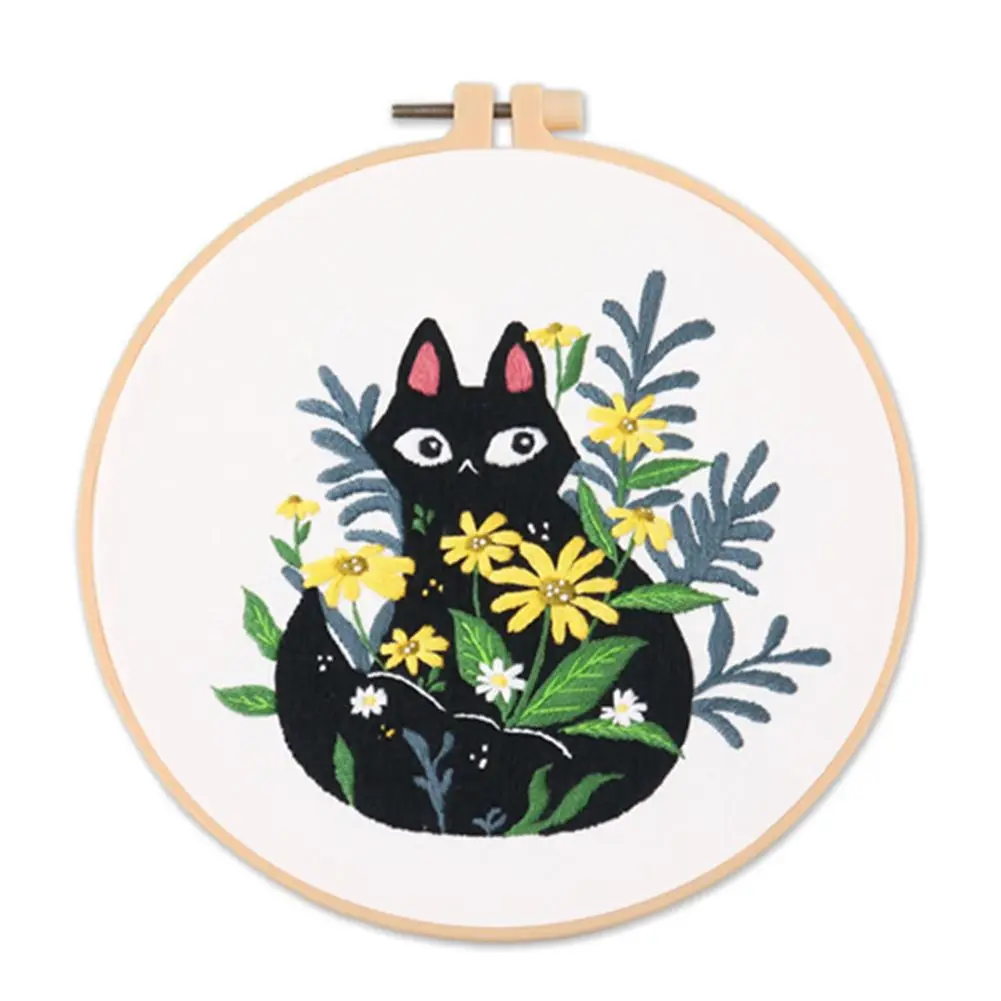Flower Black Cat Pattern Embroidery Set Needlework Tools Printed Beginner DIY Embroidery Round Cross Stitch Kit Sewing Craft Kit embroidery set embroidery kits embroidery hoop