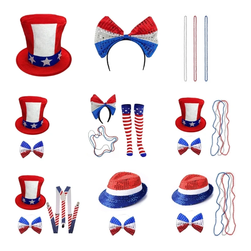 

Q0KE Independance Day Celebration Costume Necklaces Hat Headband Stockings Uncle-Sam Cosplays Accessories for Men & Women