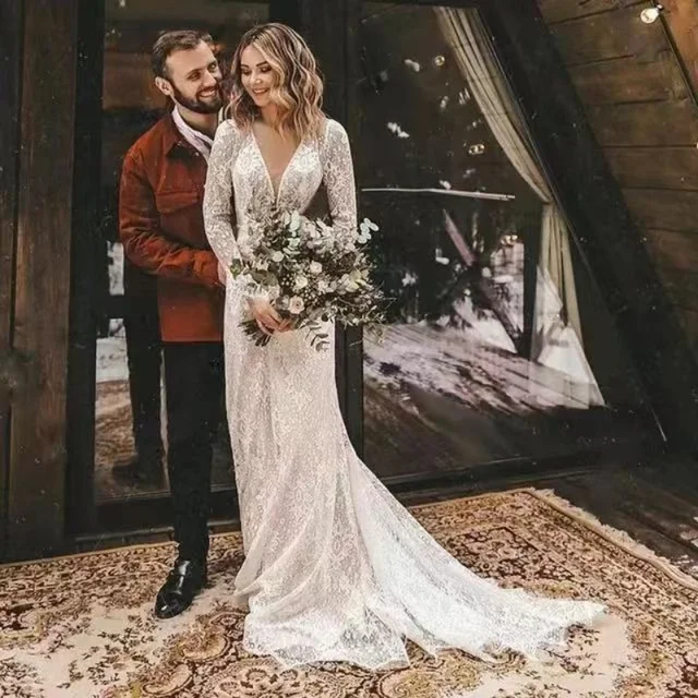 V Neck Unique Boho Wedding Dresses Deep V Neck Boho Wedding Dress
