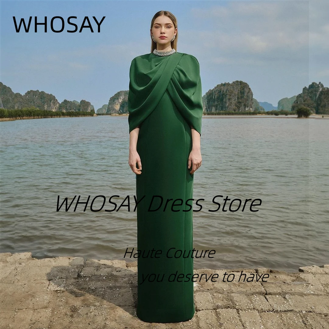 

WHOSAY Haute Couture Dresses for Evening Crystals High Collar Ruched Three Quarter Prom Dress Zipper Back Birthday Party Gowns