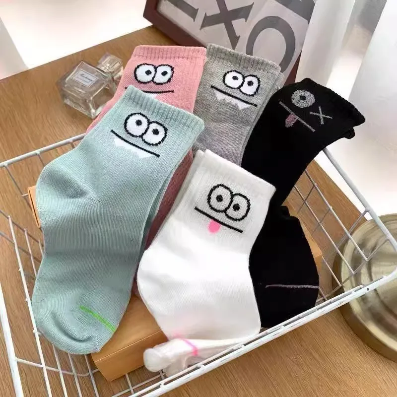Printed ankle socks 5 pairs women's cute expression printed ankle socks comfort interesting spring autumn medium tube sock kawaii girls' short socks
