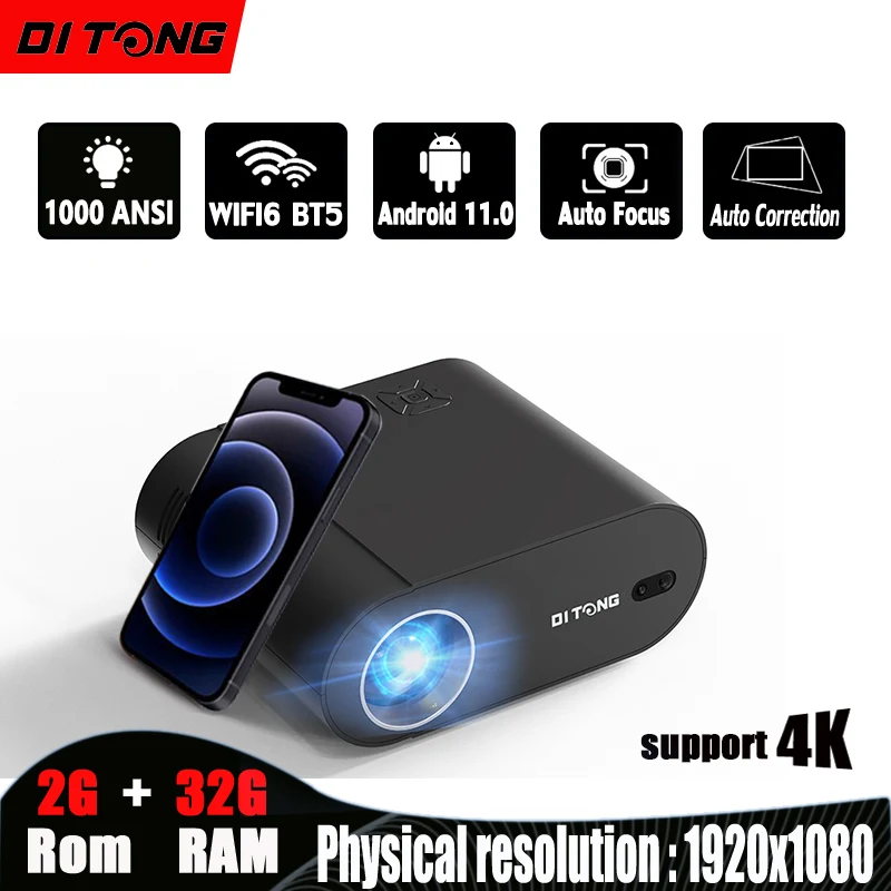 DITONG Projector 4K with WiFi 6 and Bluetooth Auto Keystone Auto Focus Home Theatre FHD Native 1080P Outdoor Movie