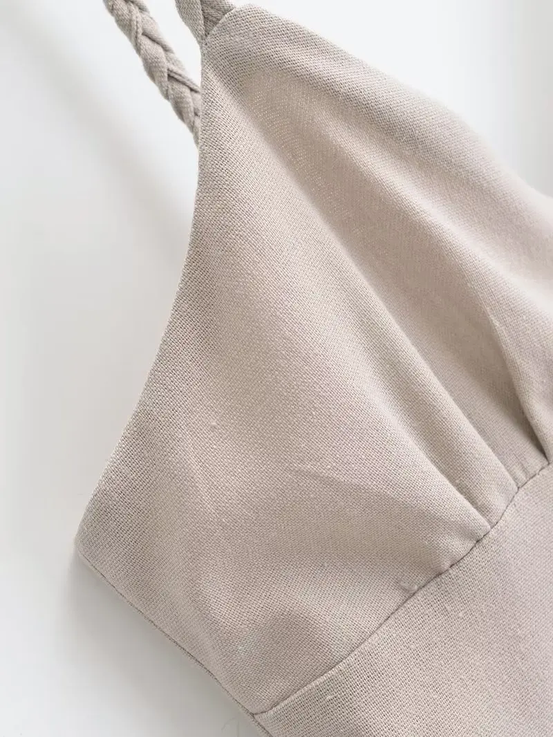 Linen Dress Women Strapless V Neck Solid High Quality Midi Vintage Chic And Elegant Y2k Sundress Women's Dresses