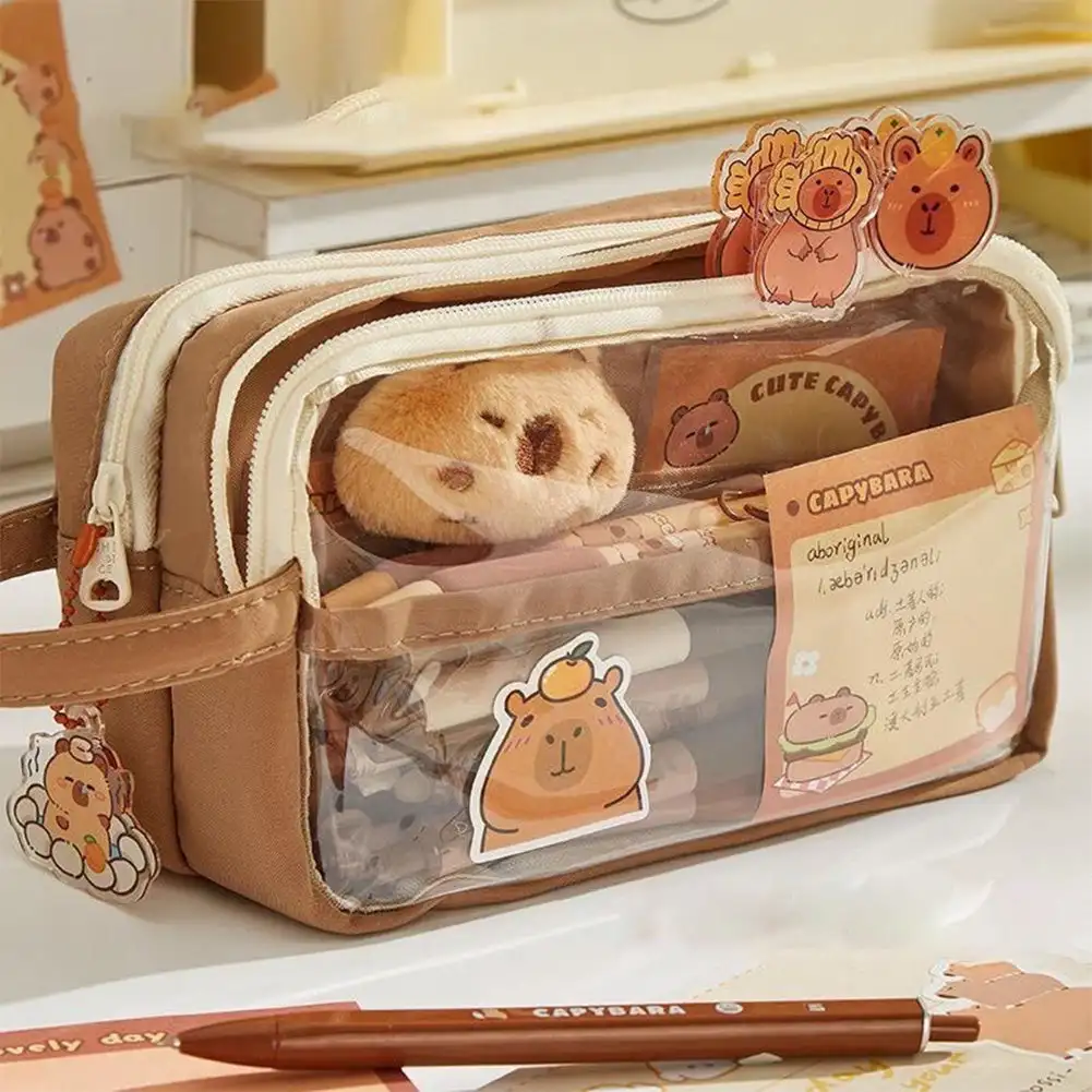Pencil cases cute capybara pencil case pins and plush stickers and memo pad clear aesthetic pencil bags school supplies