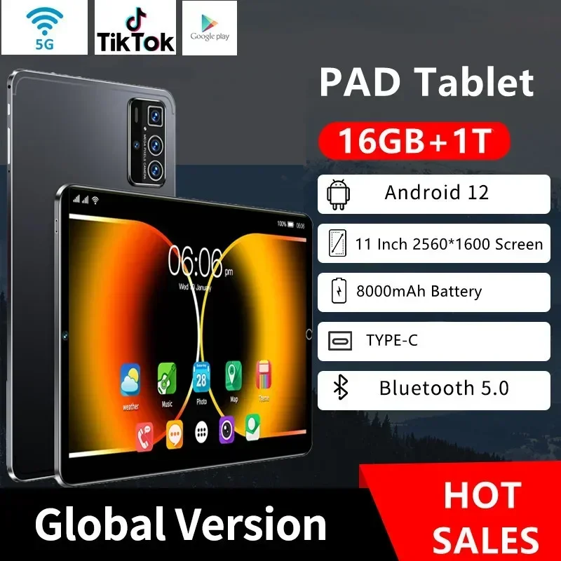 2024 글로벌 버전 11 인치 태블릿, 안드로이드 12, 16GB 램, 1TB 롬, 듀얼 SIM, 10 코어, WPS, GPS, 블루투스 5G 네트워크, GPS, WPS 태블릿 PC, 신제품