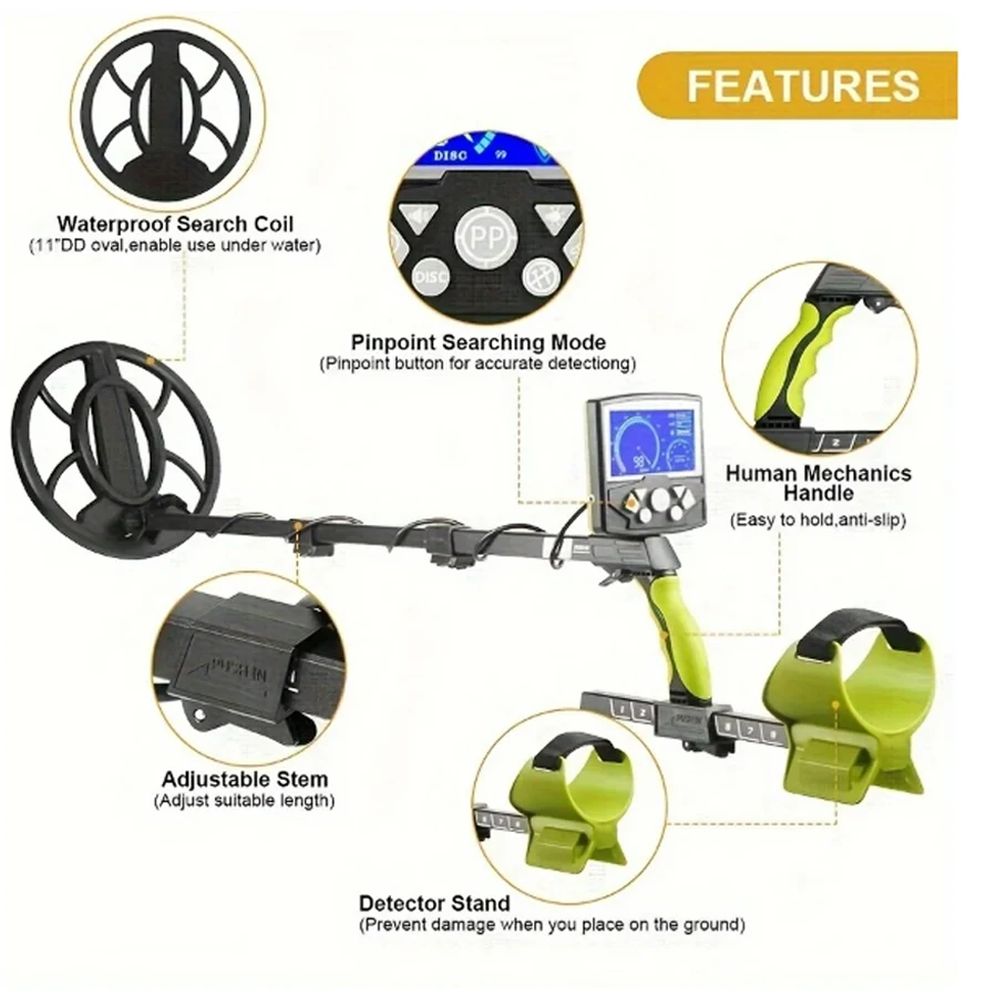 Metal Detector Metal Detector for Adults Analog Pointer Metal Detector with LCD Screen 10'' Waterproof Coil Adjustable All Metal&Disc&Pinpoint