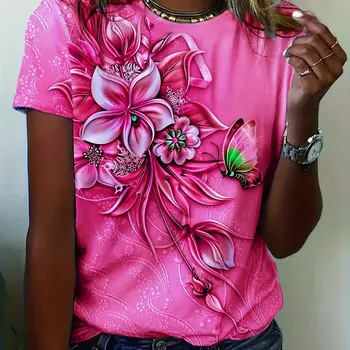 Women Flower Butterfly Printed Women's T-Shirt Summer NEW Oversized T-Shirt Popular Clothes Women Clothing Short Sleeve Tee 1