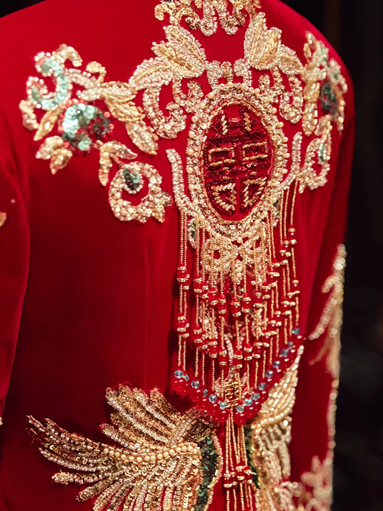 

Chinese Style Traditional Sequins Beading Wedding Dress Beading Banquet Classic Cheongsam Tassels Qipao