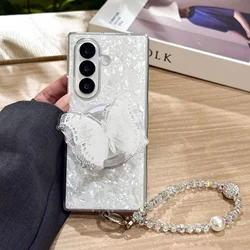 Butterfly Magnetic Holder Shockproof 3 - in - 1 Rope Strap Case for Galaxy Z Fold 3 (3in1 - White)