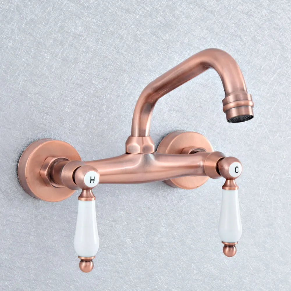 

Antique Red Copper Brass Wall Mounted Kitchen Wet Bar Bathroom Vessel Basin Sink Hot Cold Mixer Tap Swivel Spout Faucet msf900