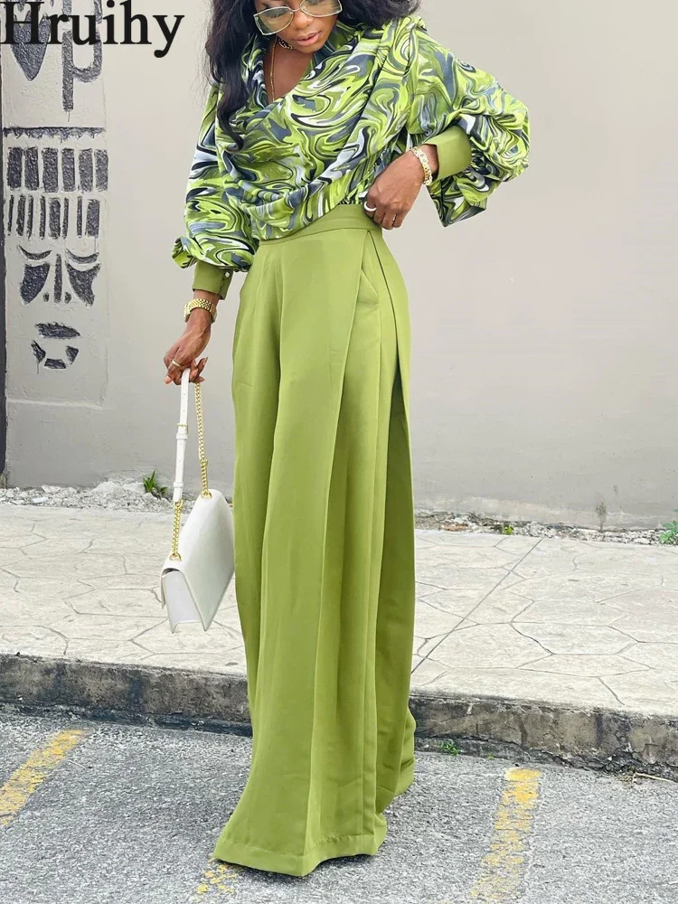 

Chic and Elegant Woman Set Outifits Autumn New Western Style Wide Leg Pants Casual Print Lantern Sleeve Shirt Female Clothing