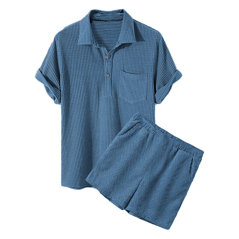 Summer Fashion Men's Set High Street Solid Color Button Short Sleeve T-Shirts and Elastic Waist Pockets Loose Straight Leg Short