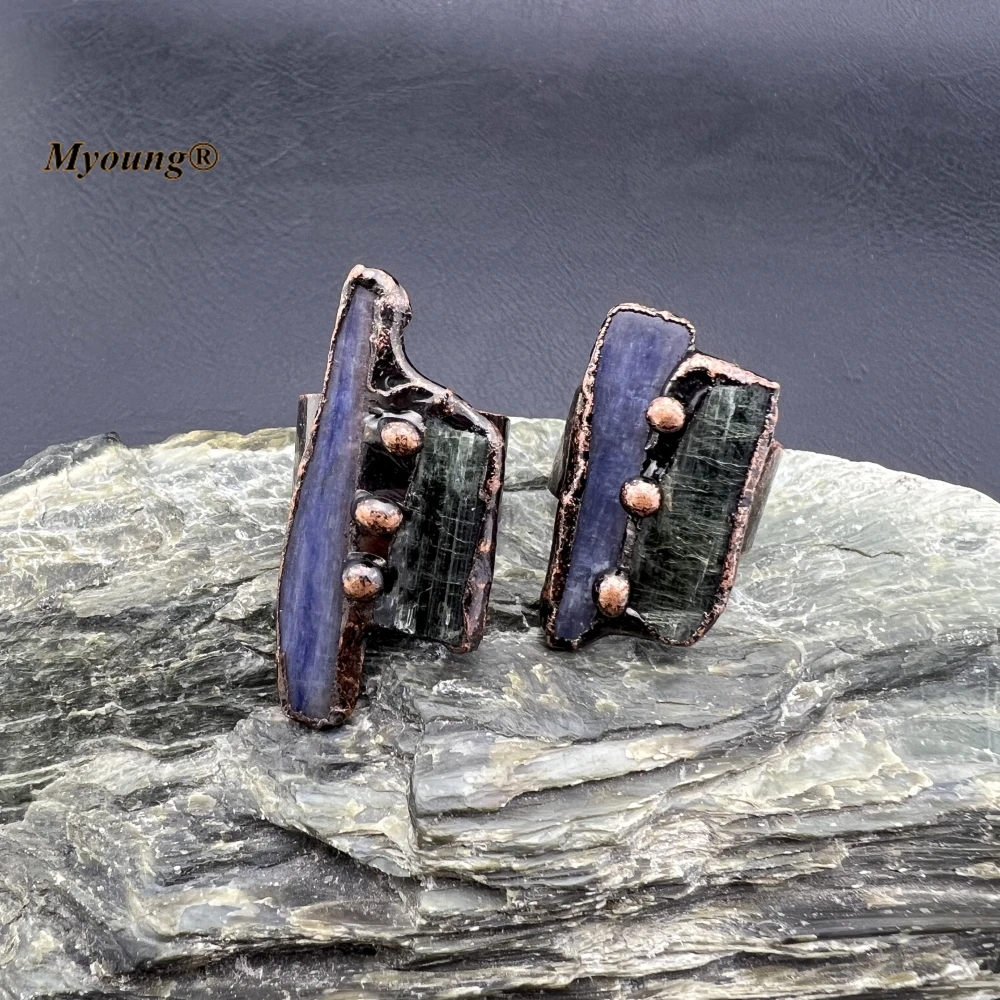 

10PCS Bronze Plated Natural Blue Kyanite Green Tourmaline Double Stones Adjustable Rings Bohemia Gothic Witch Jewelry MY231169