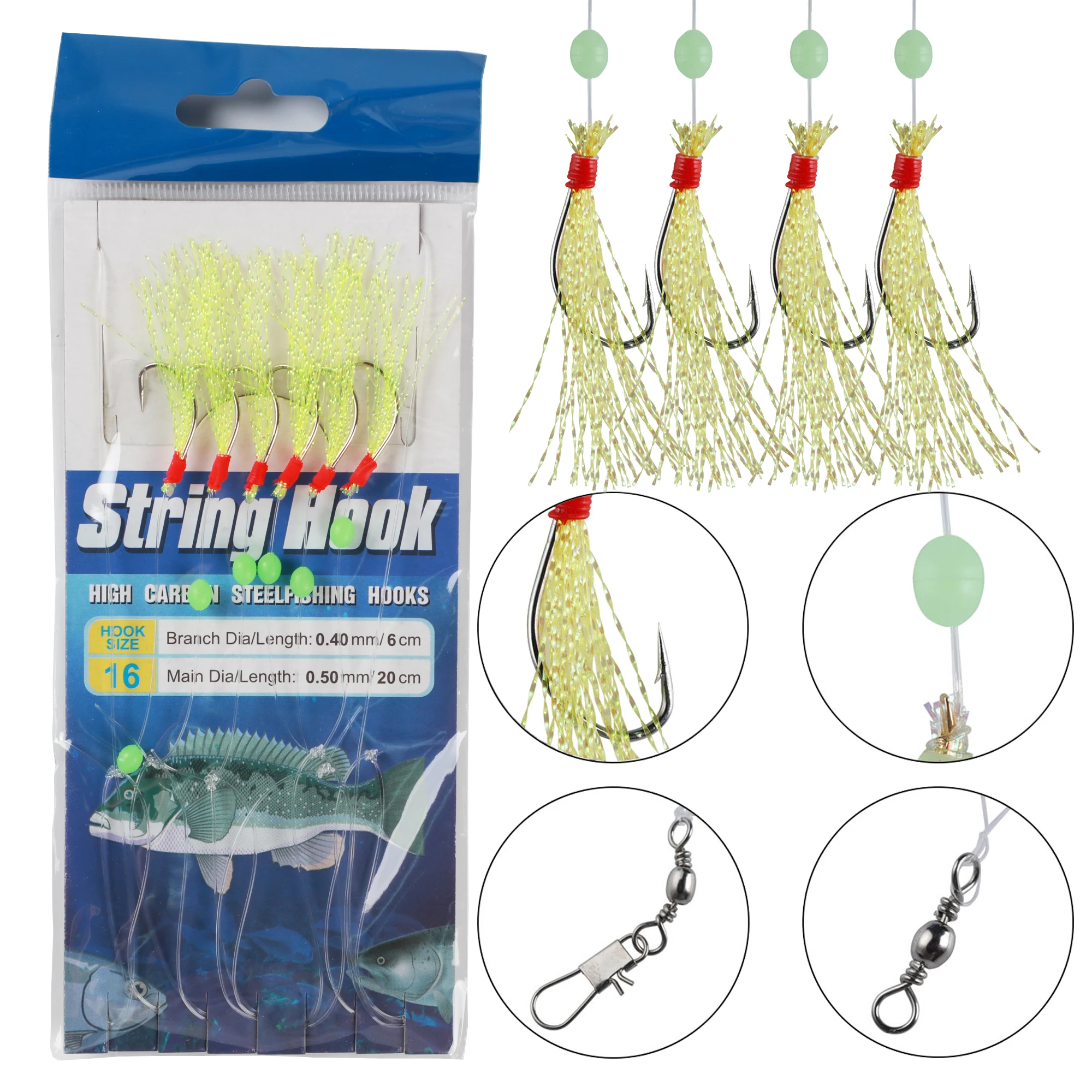 22 Pieces Fishing Rigs With Luminous Glow Bead Feather Fish Skin String  Hooks Mix Size Fishing Lures for Freshwater